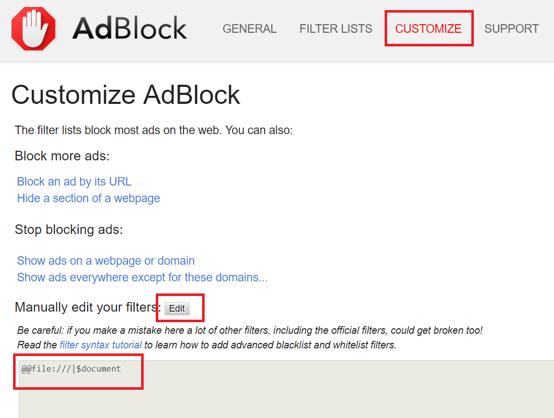 تعديل قائمة الاعدادات من برنامج Adblock Plus